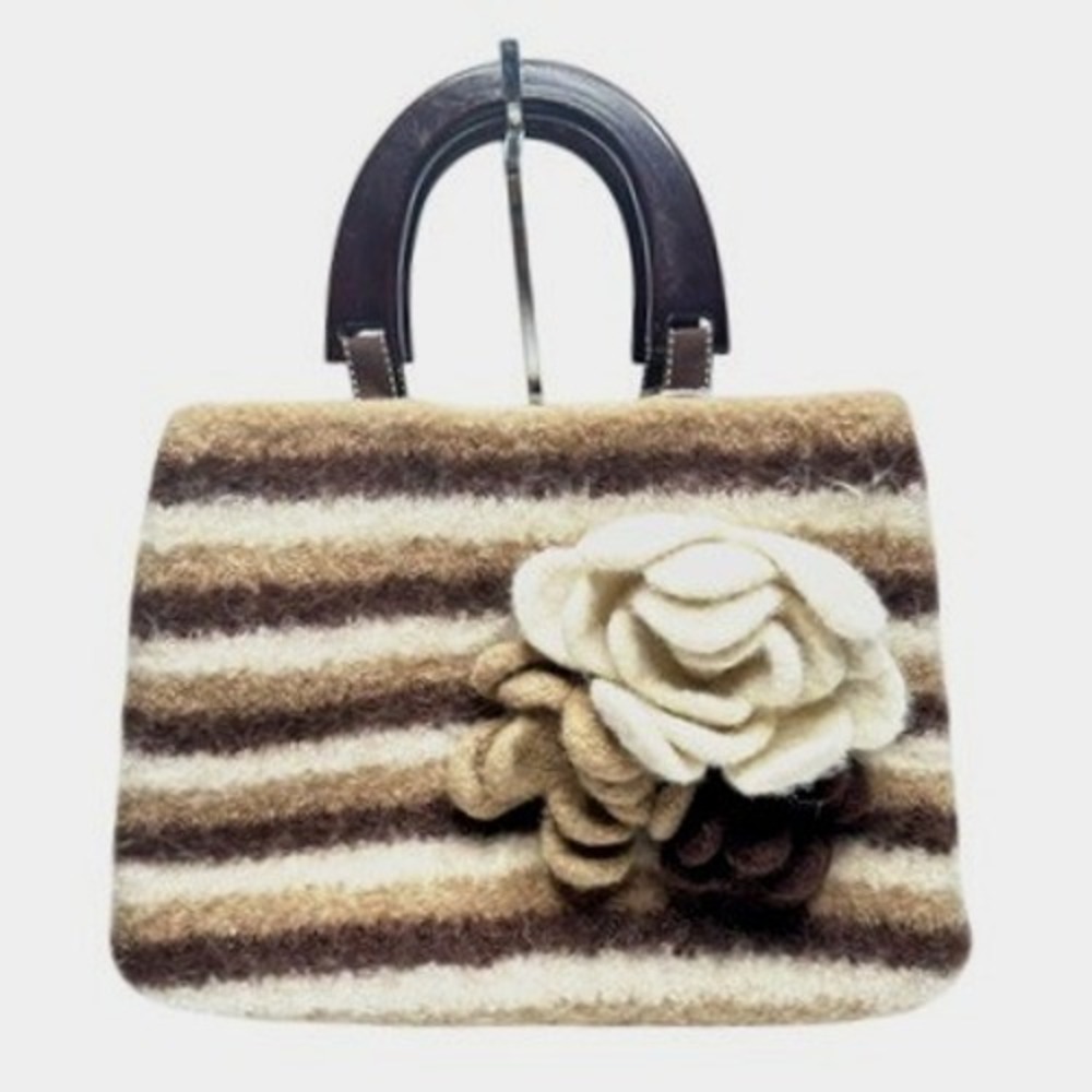 Artisan Handbag Striped Felt Flower Purse Accent Wood Handle Top Zip Closure